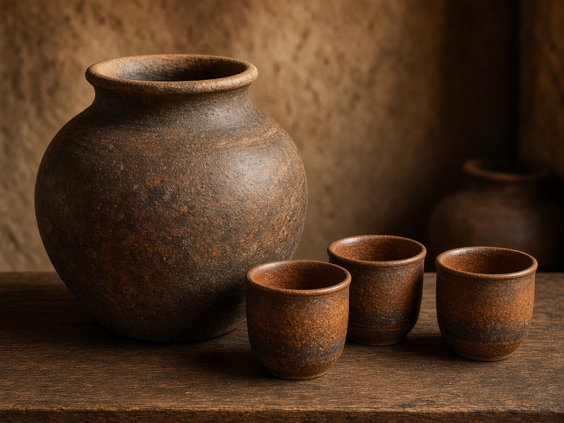 Rust Tea Set (4 cups) — Hand-carved Pottery